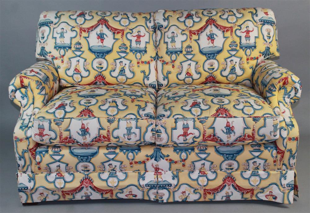 Appraisal: SANJER CO LOVESEAT IN YELLOW CHINOISERIE MONKEY UPHOLSTERY having two