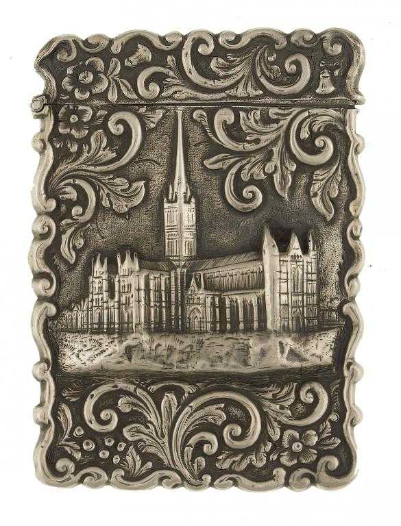 Appraisal: A VICTORIAN SILVER CARD CASE die stamped with Salisbury cathedral