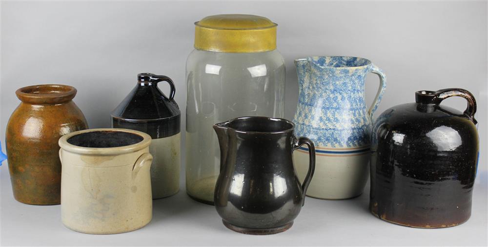 Appraisal: SIX STONEWARE VESSELS including one saltglaze crock with blue leaf