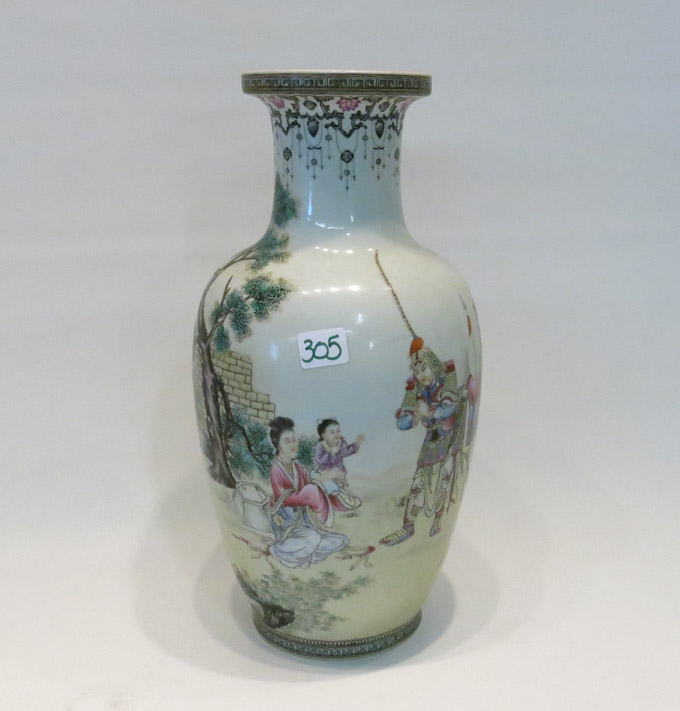 Appraisal: CHINESE HAND PAINTED PORCELAIN VASE depicting a warrior bowing to