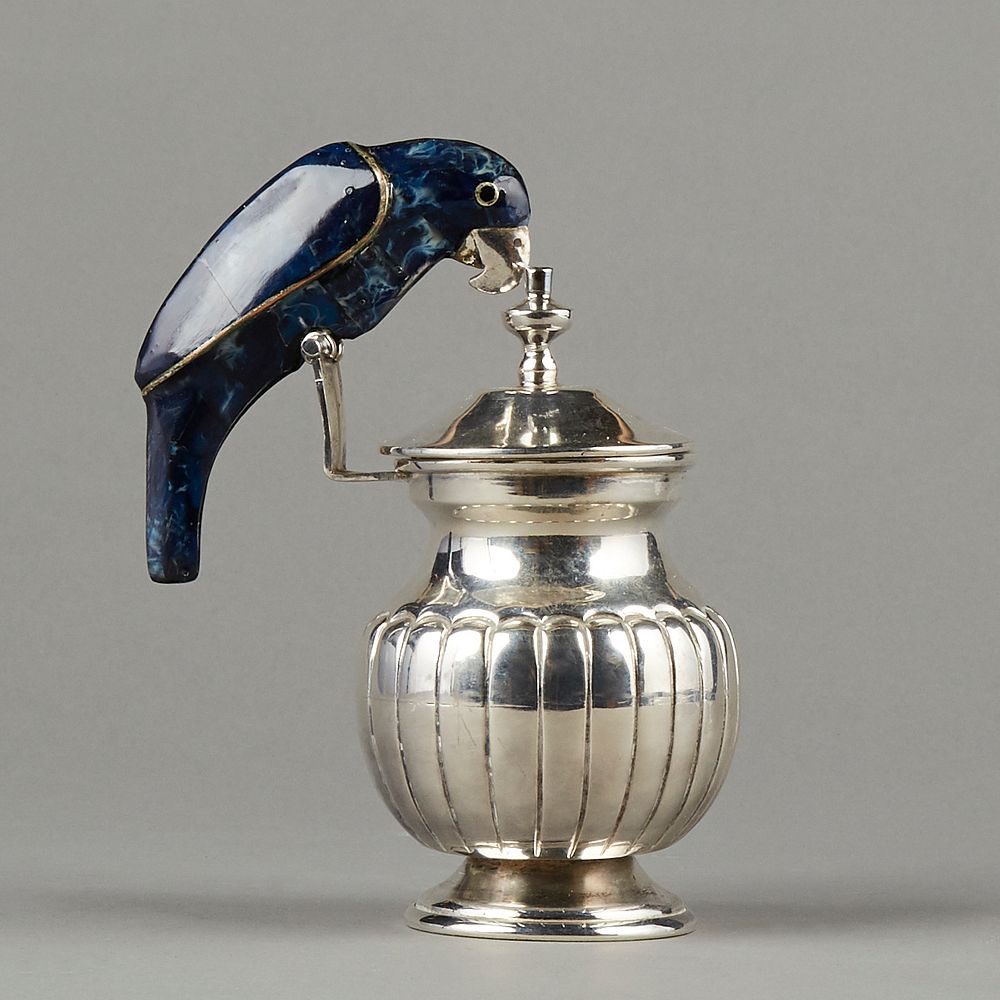 Appraisal: Mexican Silver Plated Pitcher w Lapis Bird Handle Silver plated