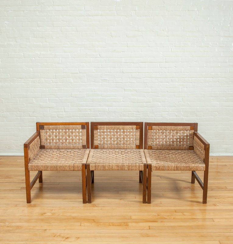 Appraisal: THREE-PIECE PINE AND WOVEN RUSH BENCH in x ft in