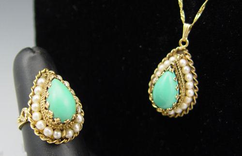 Appraisal: K TURQUOISE PEARL PENDANT AND RING K yellow gold ring