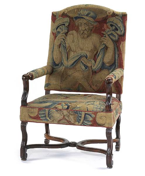 Appraisal: A Louis XIV walnut and tapestry upholstered fauteuil a la