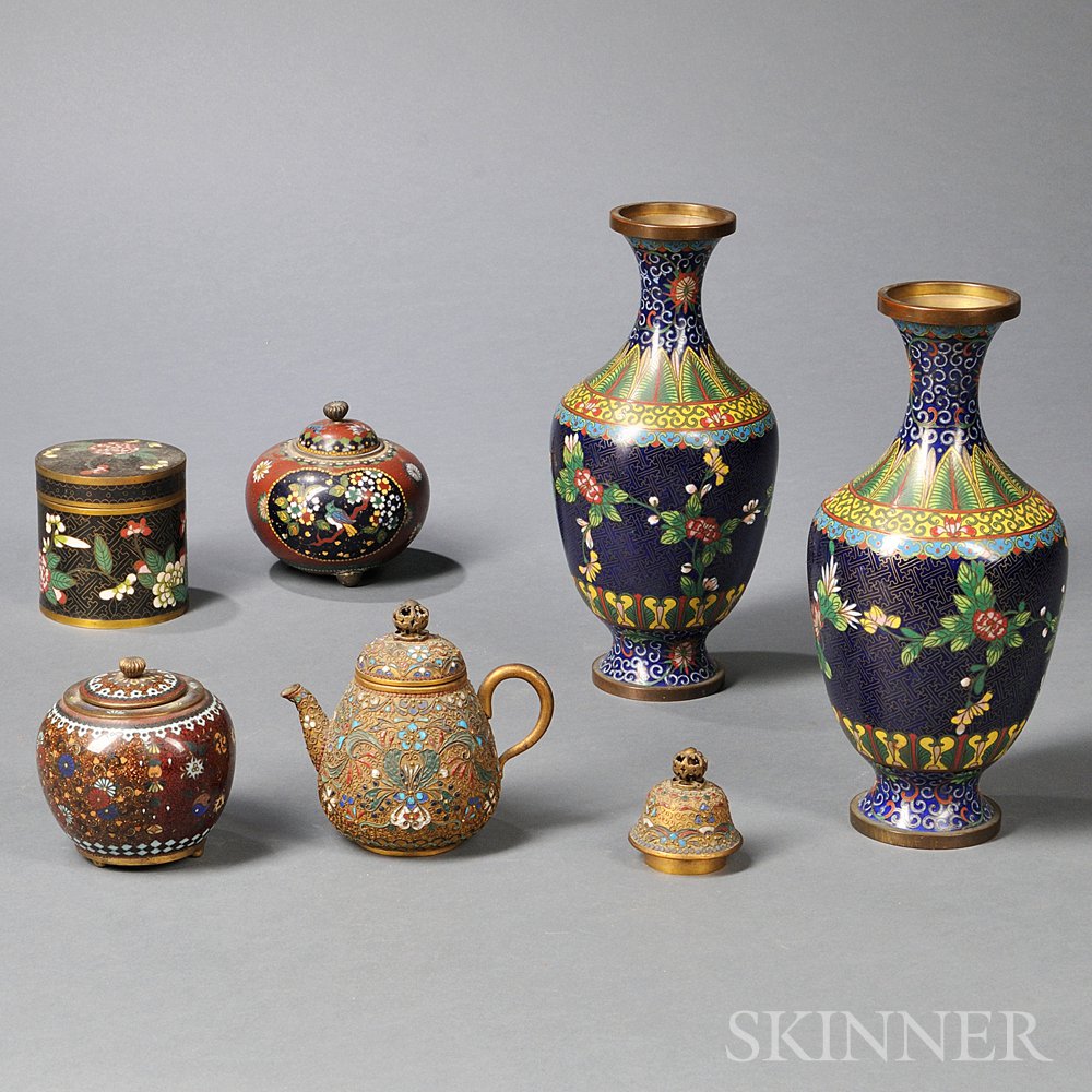 Appraisal: Seven Cloisonne Boxes and Vases China th century three covered