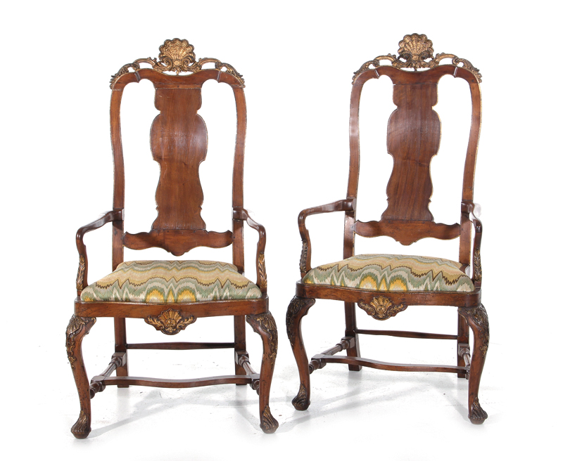 Appraisal: Pair Northern European Queen Anne parcel-gilt carved walnut armchairs th