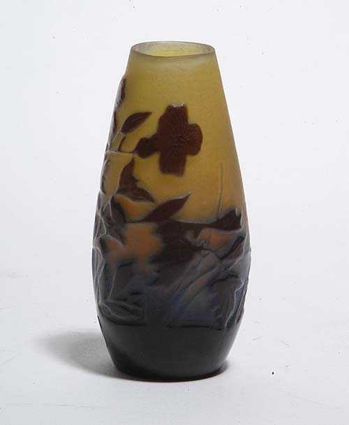 Appraisal: SMALL VASE Gall Yellow glass with blue overlay and etched