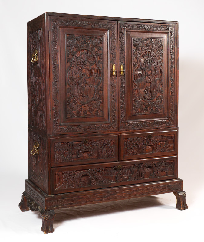 Appraisal: CHINESE CARVED PIECE CHEST Nicely carved all over with genre