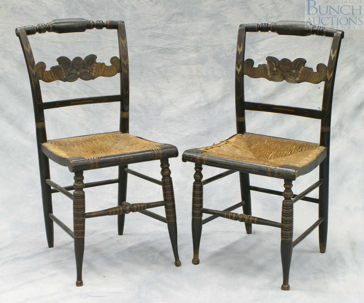 Appraisal: Pair of Stencil Pillow Back Rush Seat side Chairs stenciled