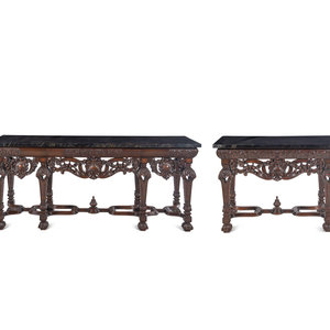 Appraisal: Two En Suite Italian Carved Walnut Marble-Top Console Tables Late