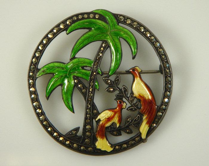 Appraisal: Enameled sterling silver marcasite palm tree pin d Estimate -