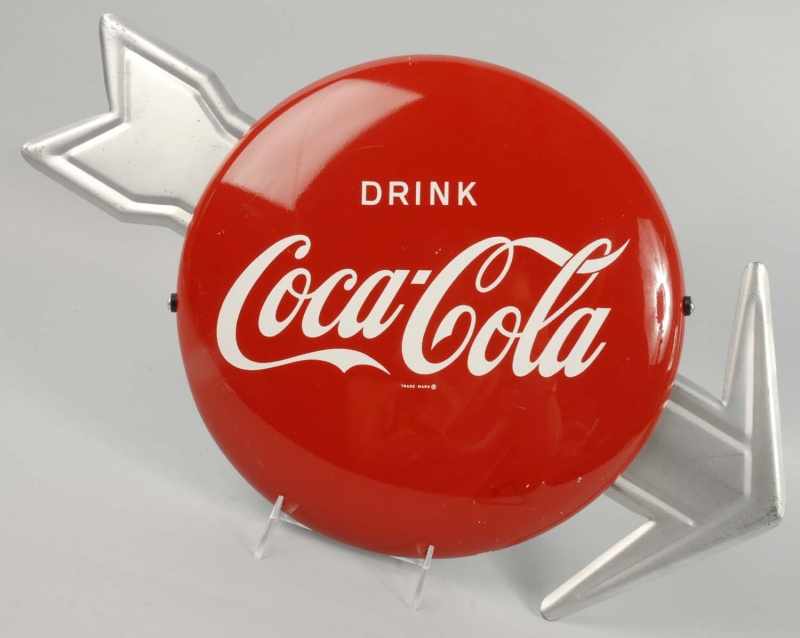 Appraisal: Tin Coca-Cola Button with Arrow Sign Description s Connecting hardware