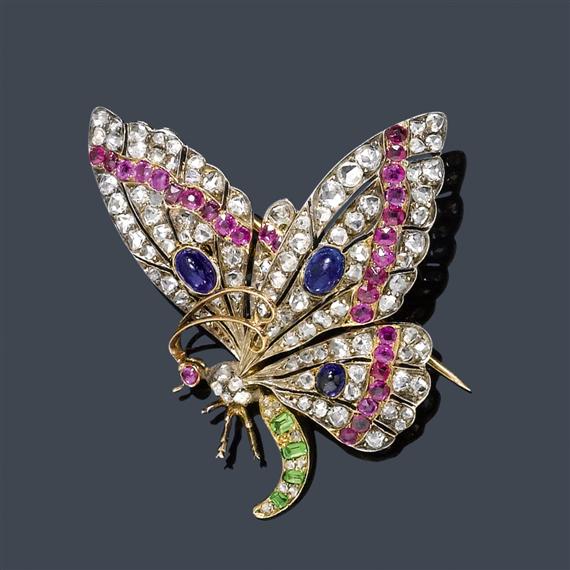 Appraisal: DIAMOND RUBY AND SAPPHIRE BROOCH ca Silver and yellow gold