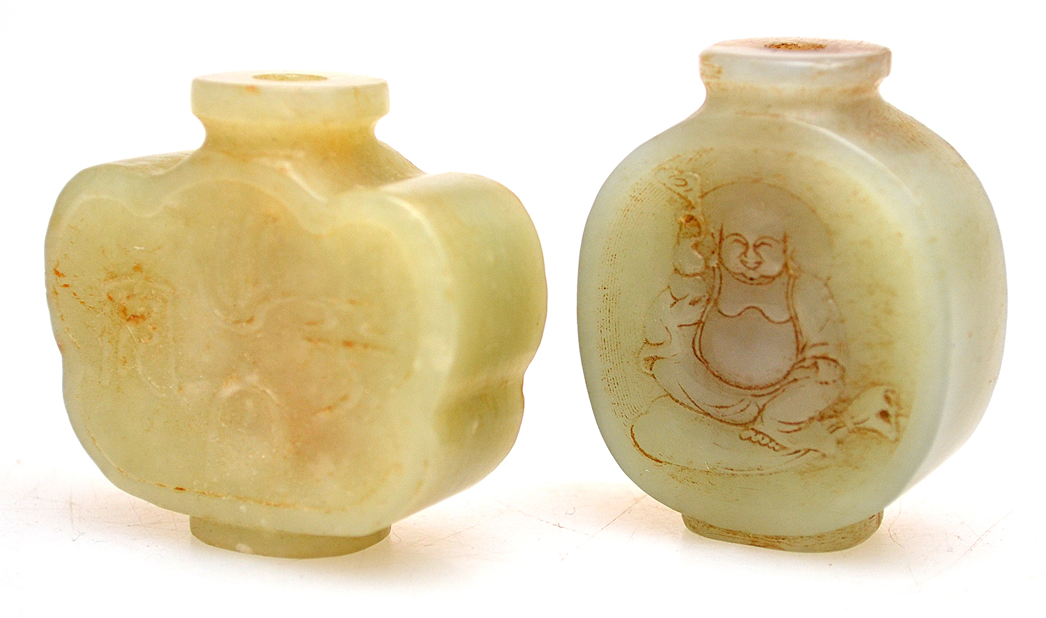 Appraisal: TWO JADE SNUFF BOTTLES - NO STOPPERS AND A STONE