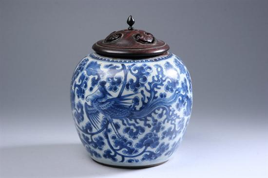 Appraisal: CHINESE BLUE AND WHITE PORCELAIN JAR Kangxi period Ovoid form