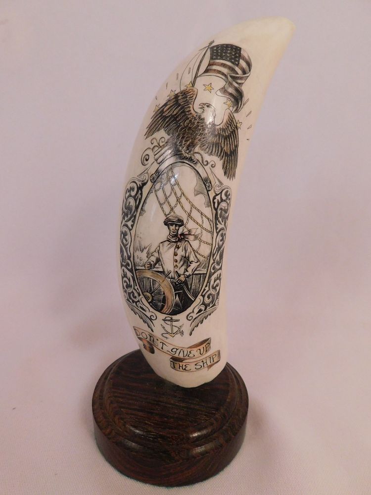 Appraisal: SCRIMSHAW WHALE TOOTH - OGDEN Scrimshaw whale tooth on wooden