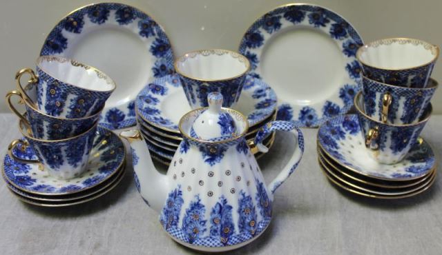 Appraisal: Russian Blue and White Tea Service with GiltDecoration Includes cups