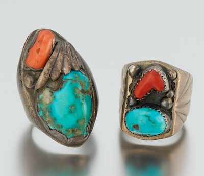 Appraisal: Two Native American Silver Turquoise and Coral Rings First ring