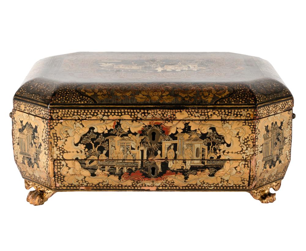 Appraisal: CHINESE EXPORT LACQUER SEWING BOX th century gilt-decorated with fitted