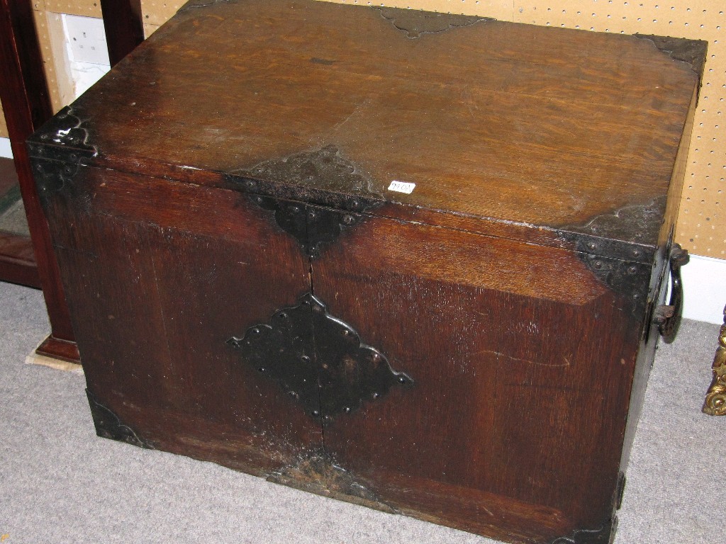 Appraisal: Oak-metal bound fitted casket