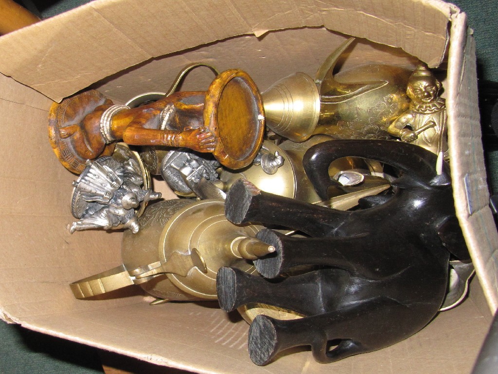 Appraisal: Box of brass and wooden carved ornaments etc