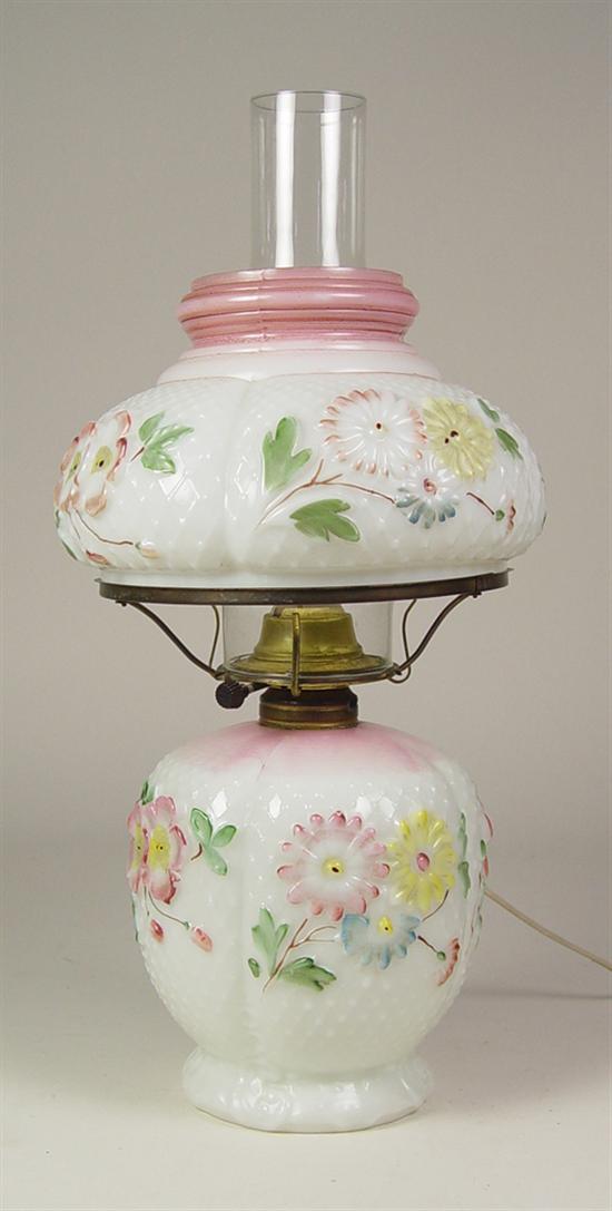 Appraisal: Art Glass Lamp Lattice and floral molding White opaque base