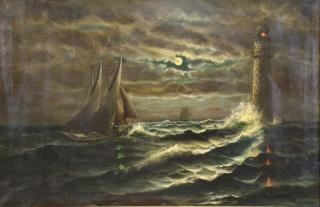 Appraisal: th C Oil on Canvas Moonlit Seascape with Lighthouse Not