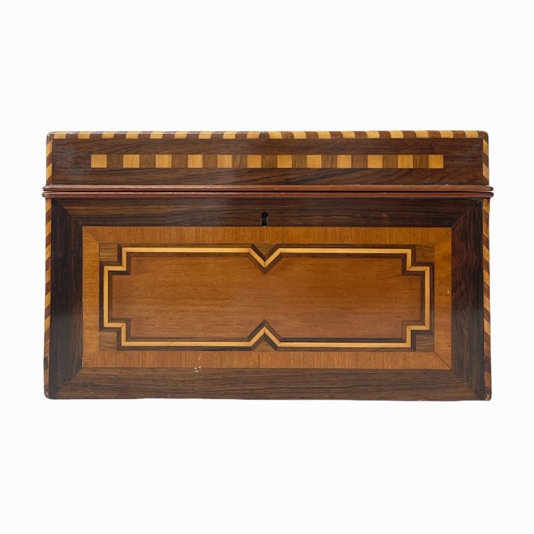 Appraisal: Antique Wood Jewelry Box Beautiful wood mosaic interior mirror top