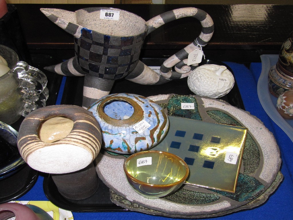 Appraisal: Tray lot of assorted Studio Pottery to include pieces by