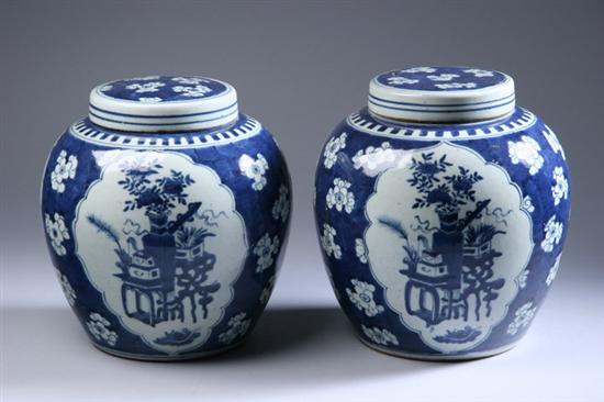 Appraisal: PAIR CHINESE BLUE AND WHITE PORCELAIN JARS AND COVERS -