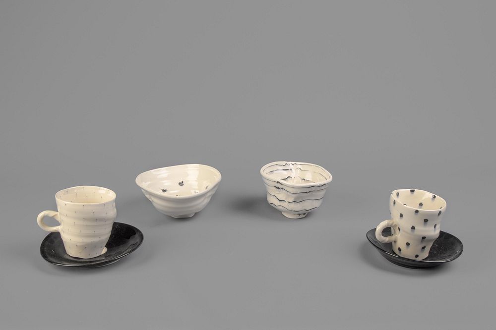 Appraisal: Mineo Mizuno Group of Four Black and White Ceramic Works