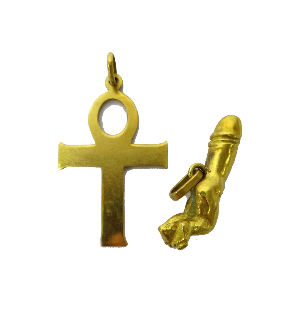 Appraisal: A gold pendant formed as a phallus with feet and