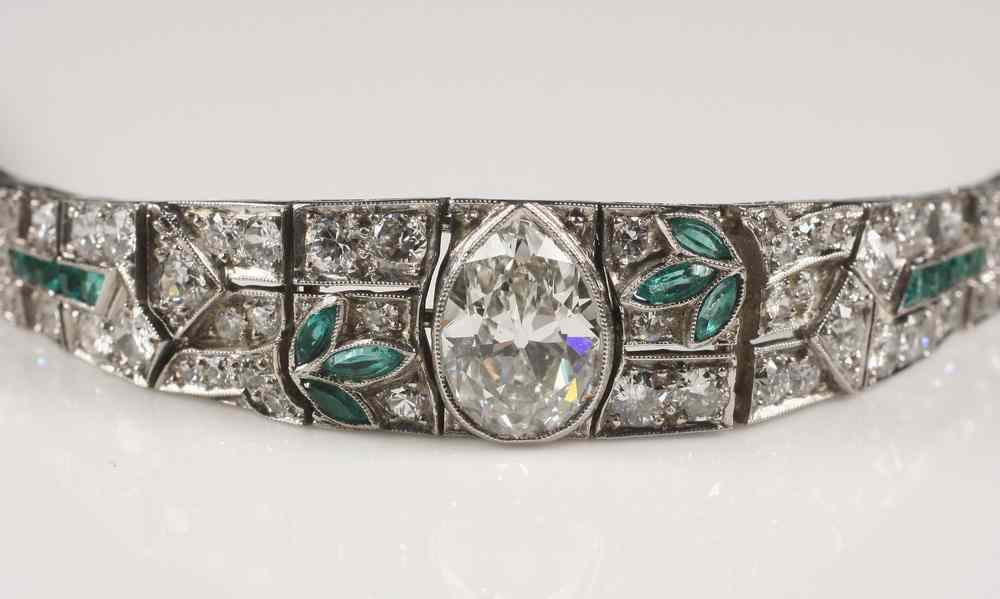 Appraisal: BRACELET - Art Deco Platinum Pear diamond and Emerald bracelet