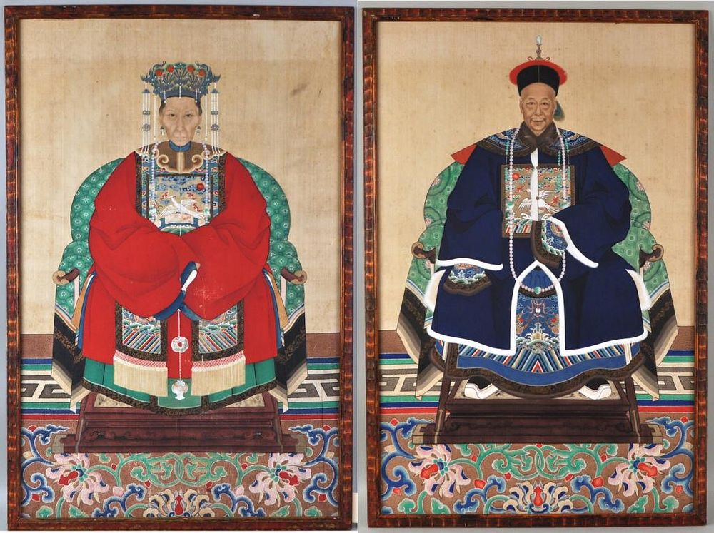 Appraisal: Pair Framed Chinese Ancestral Portraits on Silk Frame size high