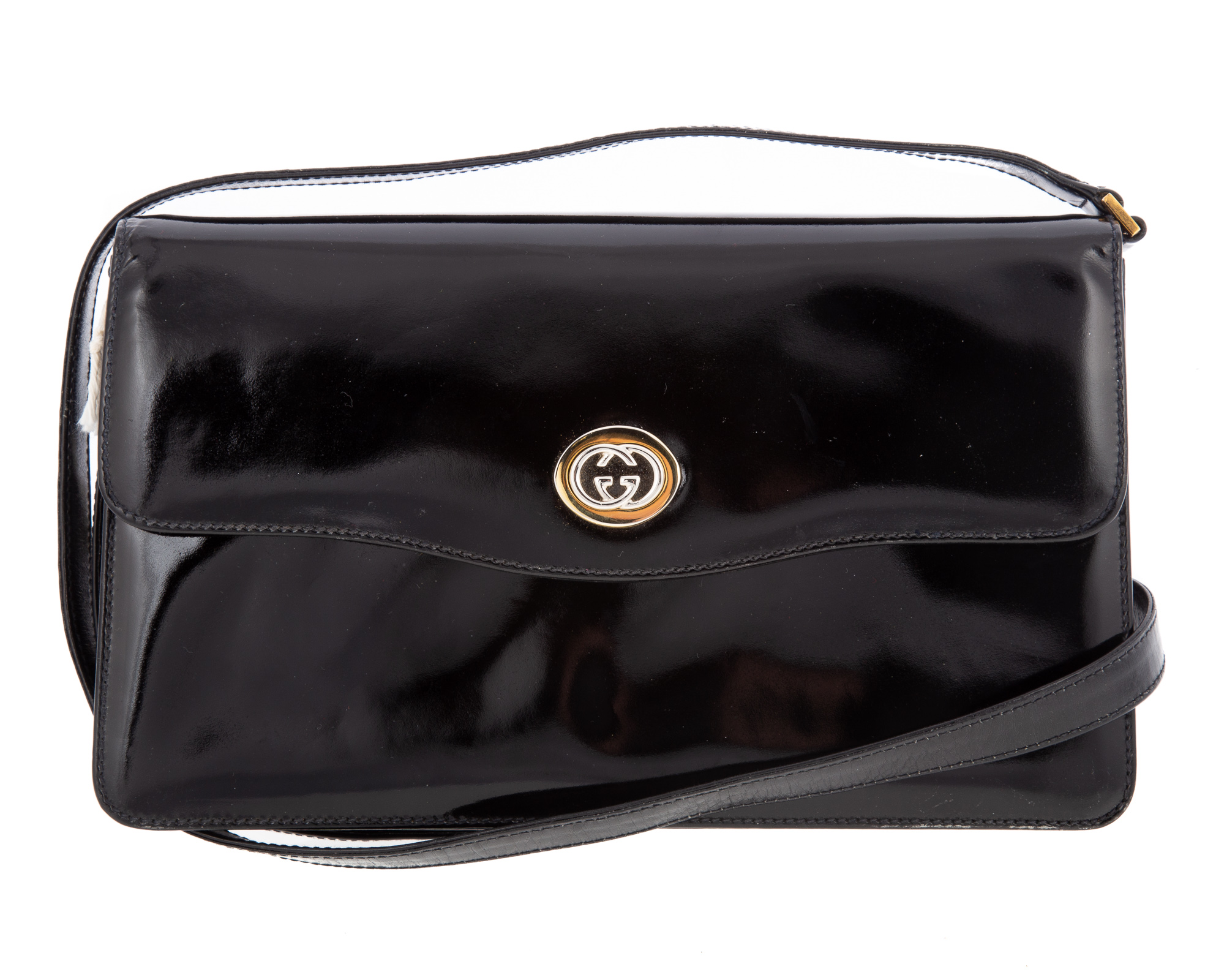 Appraisal: GUCCI BLACK PATENT LEATHER HANDBAG with dust bag in H