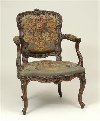 Appraisal: Louis XV-Style Carved Beechwood Fauteuil with Needlework Upholstery x in