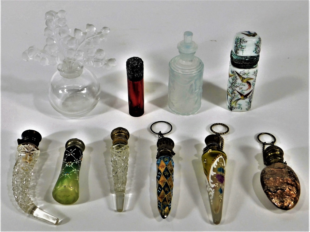 Appraisal: PC LALIQUE GLASS ENAMEL PERFUME BOTTLE GROUP Europe United States