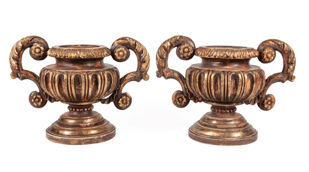 Appraisal: Pair of Italian Carved Giltwood Urns scrolled handles h in