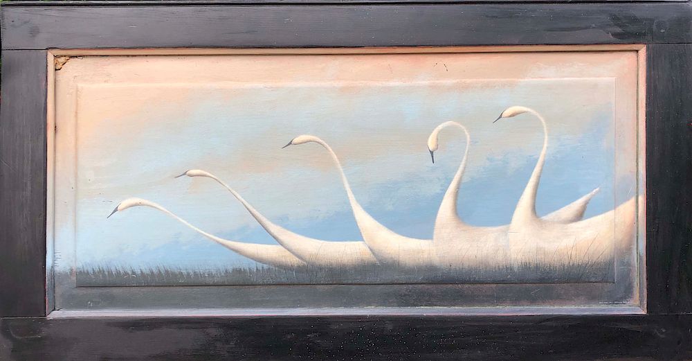 Appraisal: Mike Butler Oil on Wood Panel Five White Swans Swimming