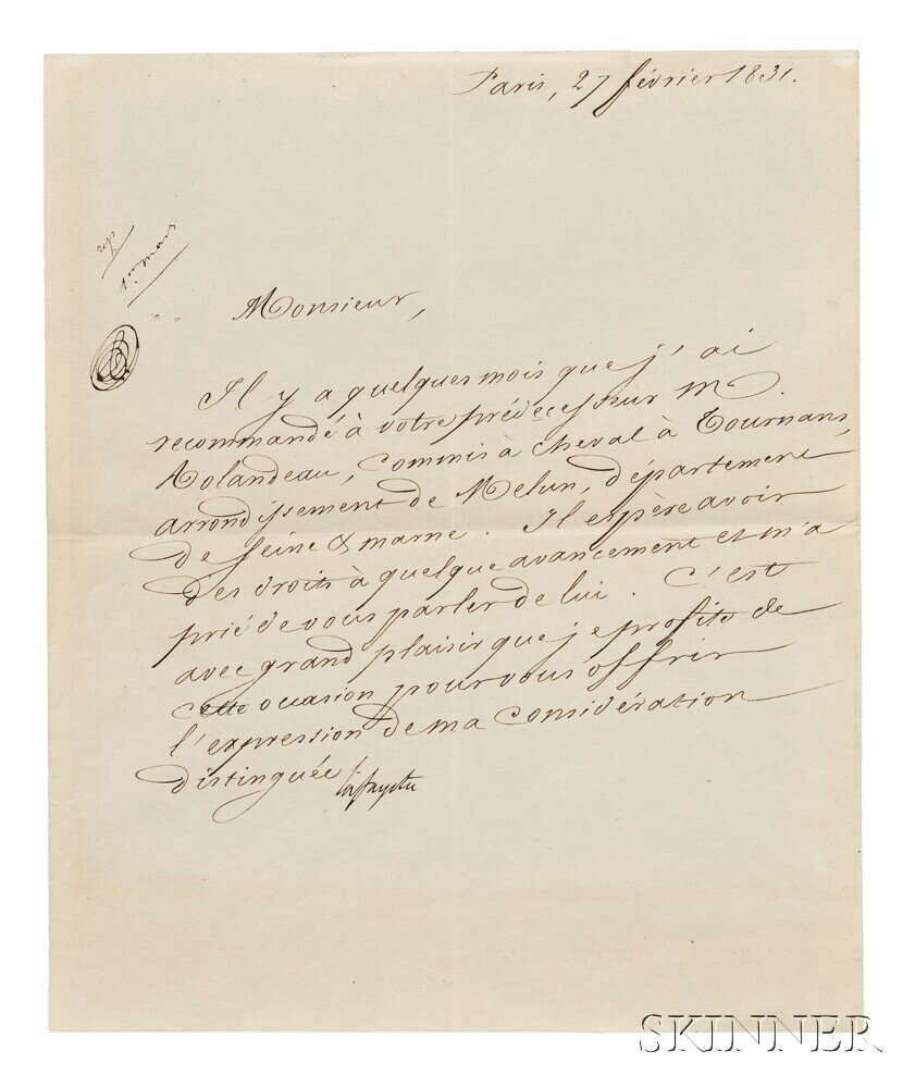 Appraisal: Marquis de Lafayette - Secretarial Letter Signed February Single sheet