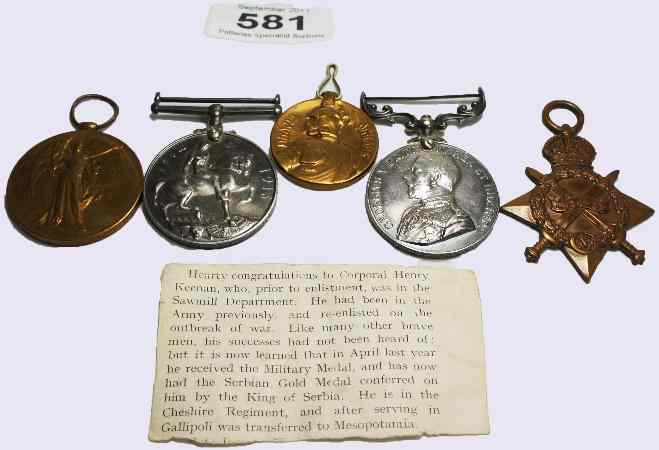 Appraisal: Rare World War Medal Group A SGTH KEENAN Cheshire Regiment