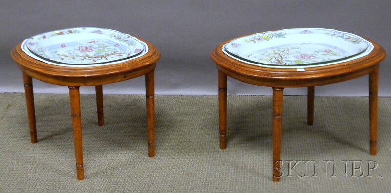 Appraisal: Two English Ironstone Platters in Regency-style Oval Walnut Stands including