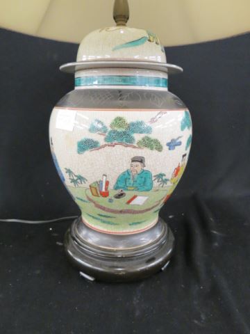 Appraisal: Chinese Pottery Lamp handpainted scene with scholars temple jar style