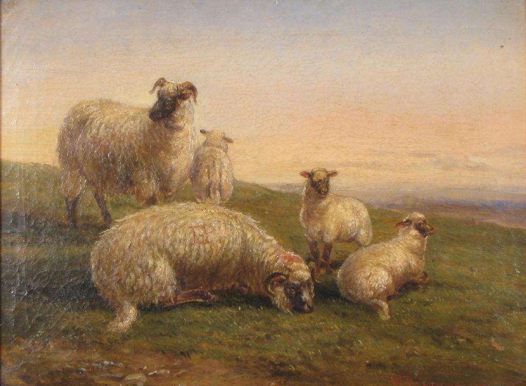 Appraisal: W HENDERSON Group of sheep in landscape oil on canvas