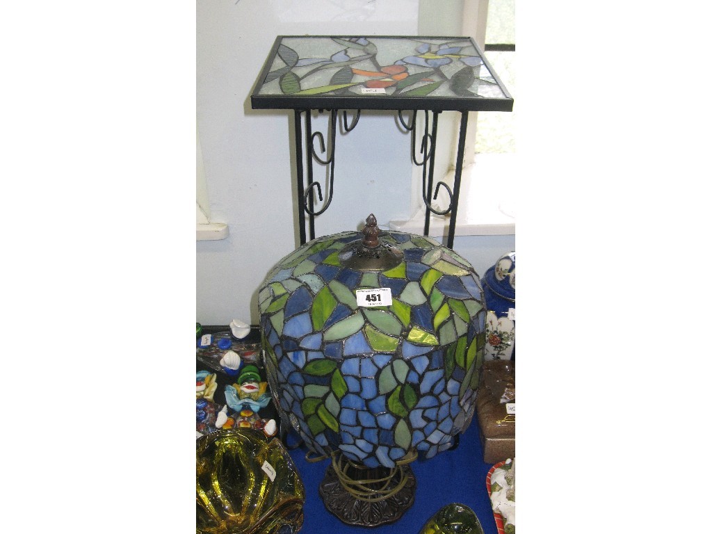 Appraisal: Lot comprising Tiffany style lamp and similar wrought iron plant