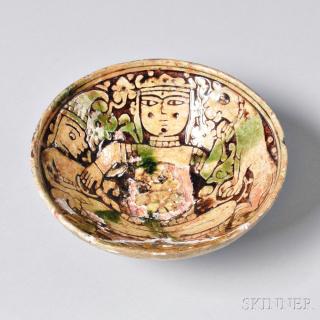 Appraisal: Polychrome Pottery Garrus Bowl with Figural Decorations Polychrome Pottery Garrus