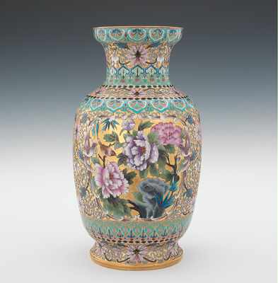 Appraisal: A Large Champleve Enameled Vase Having two large cartouches with