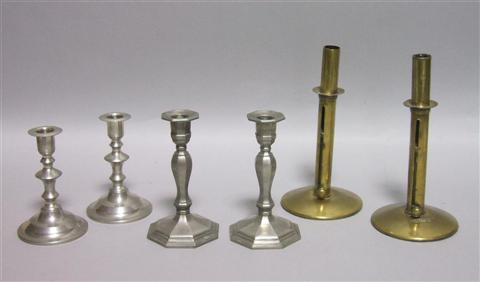 Appraisal: THREE PAIRS OF CANDLESTICKS The first of pewter and in