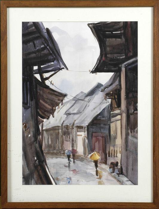 Appraisal: th C School Rainy Street Scene with Figures Watercolor on