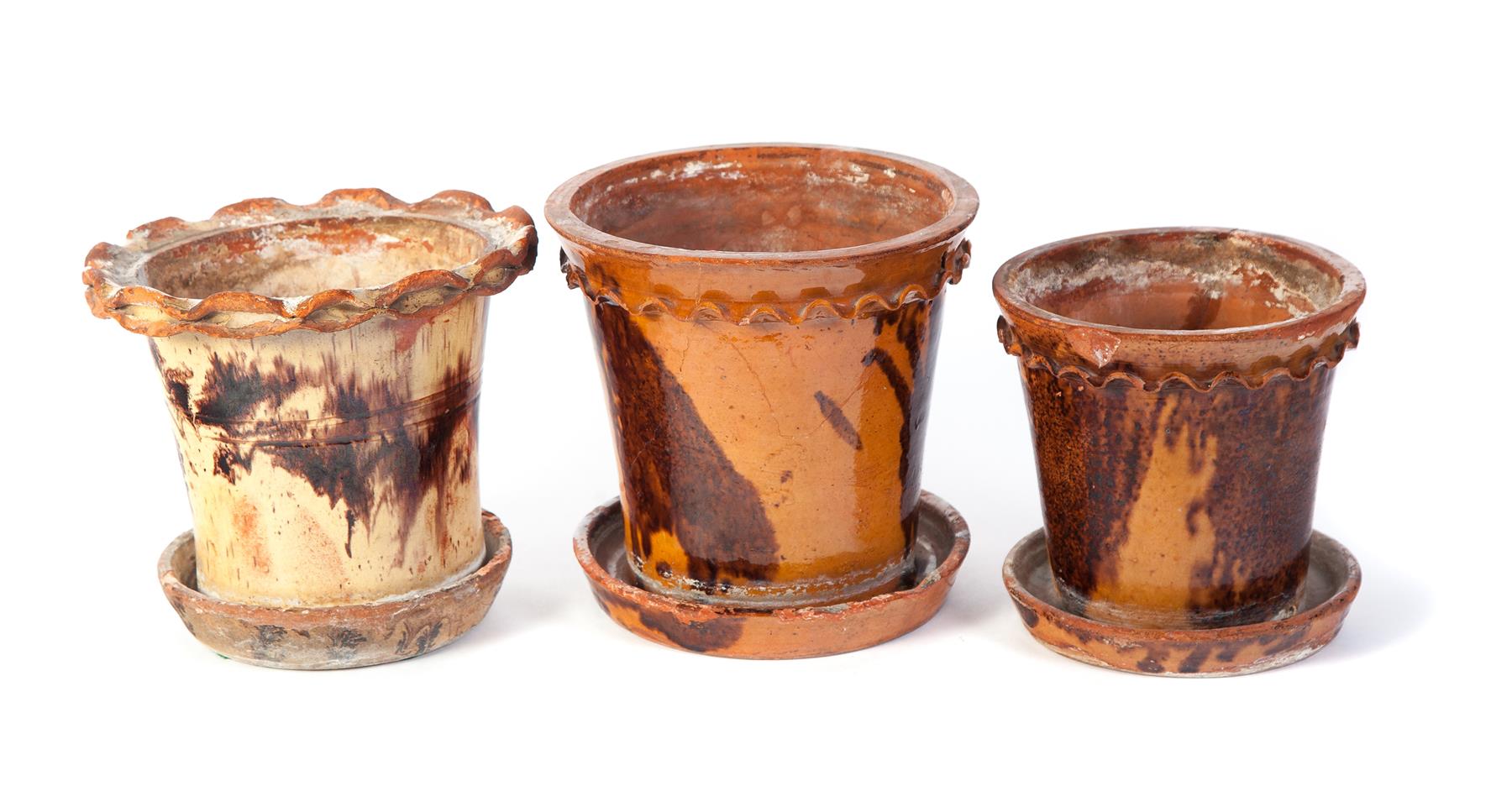 Appraisal: THREE GALENA POTTERY FLOWER POTS Illinois nd half- th century